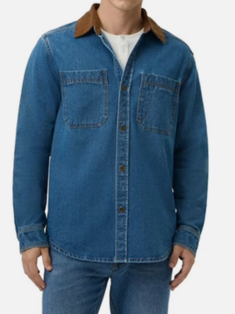 EUC Frye denim Barn shacket w/contrasting, brown corduroy collar LG